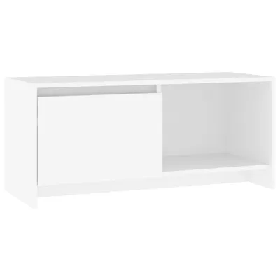 A white TV stand with a closed cabinet on the left and an open shelf on the right, presented against a white background.