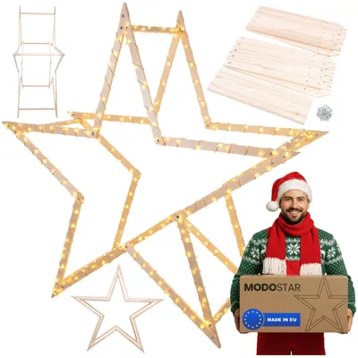 Produktbild von MODO24 3D Weihnachtsstern Holz MODOSTAR Set, Holzstern, Deko Stern,Holz, Faltbar, Outdoor Garten Wetterfest, 189 cm, Natur, GWZ