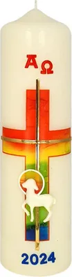 Produktbild von Osterkerze Regenbogenkreuz, Lamm mit A und O mit aktueller Jahreszahl 220 x Ø 60 mm