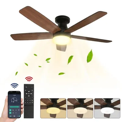 Obrázek produktu pro Stropní ventilátor s osvětlením, černý, Ø 106 cm, výška 22 cm, 40 W, stejnosměrný motor, 18 W LED, ovládání přes aplikaci, stmívatelný, 5 otočných lopatek, do ložnice a obývacího pokoje