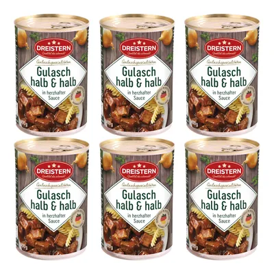 Produktbild von DREISTERN 6x Gulasch halb & halb in herzhafter Sauce 400g Ringpulld. / Konserve