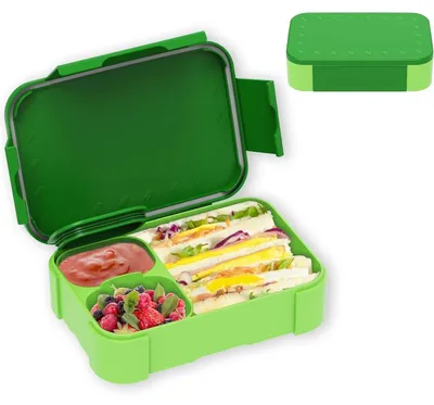 Zdjęcie produktu dla Pudełko na jedzenie dla dzieci z przegródkami, pojemność 900 ml, szczelne, idealne jako lunchbox dla dziewczynek i chłopców. Można używać w mikrofalówce i myć w zmywarce. Kolor: zielony