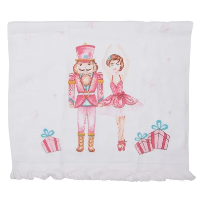 Produktbild von Clayre & Eef Gästehandtuch 40x66 cm Weiß Rosa Baumwolle Nussknacker und Balletttänzerin