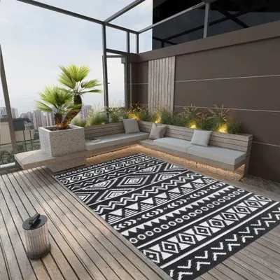 Produktbild von Schwarzer Außenteppich 190x290 cm aus PP für Garten, Balkon und Picknick, 2.44 kg