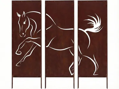 Produktbild von SET Sichtschutz Metall 3x mit Pferdemotiv - 160 cm x 50 cm - Edelrost - Rostoptik Sichtschutz für Garten - Sichtschutzelement - Sichtschutzwand