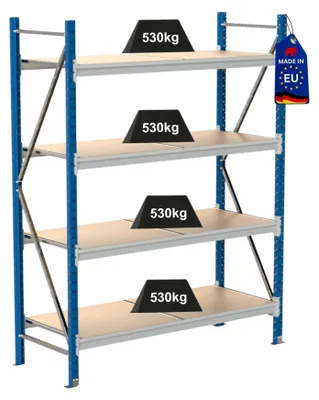 Produktbild von Weitspannregal MAXIMUS Pro | Grundregal | HxBxT 250x250x80cm | 4 Ebenen | Spanplatten-Fachboden | Fachlast 530kg | Lichtblau/Lichtgrau, KI-generiertes Bild
