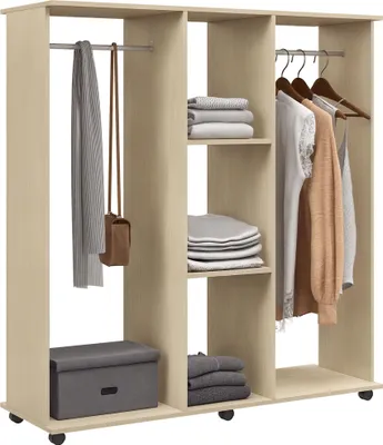 Image de Armoire mobile sur roulettes, avec 2 penderies et 3 étagères ouvertes, solution de rangement gain de place pour chambre, dimensions : 120 x 40 x 128 cm, en bois