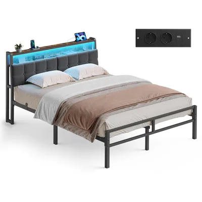 Produktbild von VASAGLE Bettgestell 140 x 200 cm mit Stauraum, Metallrahmen, Bett mit LED-Beleuchtung und Kopfteil, schwarz-braun