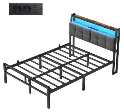 Image de Lit en métal avec éclairage LED, prises électriques et espace de rangement | Noir | 120x200 cm