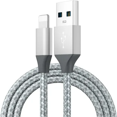 A close-up studio shot of a silver and gray braided USB-C to Lightning charging cable, with both connectors visible against a white background.