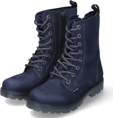A pair of navy blue lace-up boots shown from a front-diagonal angle against a white background.