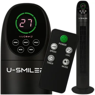 Image de Ventilateur colonne U-SMILER silencieux 45 W avec télécommande, écran LED, 3 modes et 3 vitesses, oscillation à 90°, minuterie, 101 cm