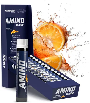 Produktbild von Energybody Amino Liquid 16.000, Aminosäuren Komplex Hochdosiert flüssig, 20 Ampullen à 30 ml, Orange Geschmack