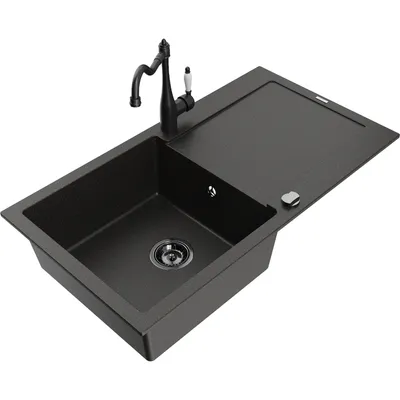 Zdjęcie produktu dla Mexen Leo zlewozmywak granitowy 1-komorowy z ociekaczem i baterią kuchenną Carla, czarny/złoty metalik - 6501-75-670700-70-B