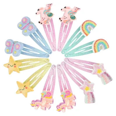 Productafbeelding van Set van 12 eenhoornhaarspeldjes voor meisjes, met glinsterende vlinders en regenboogbloemen als haaraccessoires, eenhoorncadeaus voor meisjes