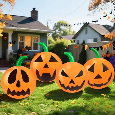 4 aufblasbare Kürbisse, 60 cm, PVC, Halloween-Deko, hängend