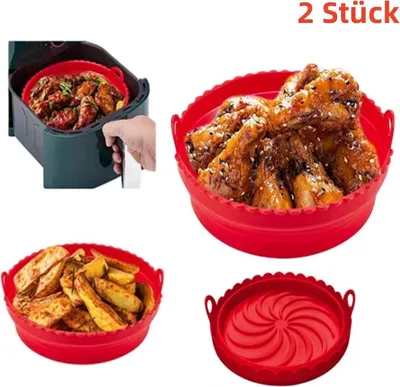 Produktbild von 2X Air Fryer Silikon Topf, Wiederverwendbare Ersatzeinlagen Korb, Falten Backofen Pad, Hitzebeständige Backblech, Heißluftfritteuse Matte, Rot