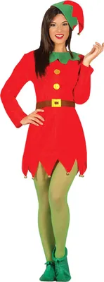 A woman wearing a Christmas elf costume.
