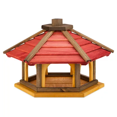 Produktbild von MAZUR Vogelhaus aus Holz 56x44x37 cm – wetterfestes Futterhaus für Wildvögel – zum Aufstellen – 6-eckig, rotbraunes Dach, handgefertigt