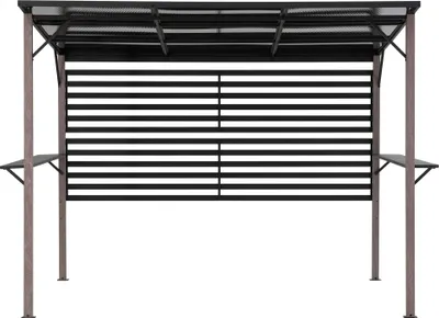 A pergola with a slatted back panel and two side shelves, presented against a white background.