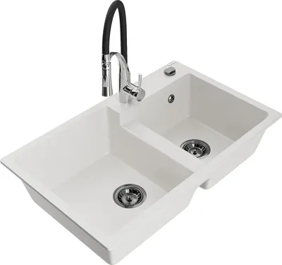 Produktbild von Mexen Tomas 2-Becken-Granitspüle mit Mischbatterie Aster, Weiß - 6516-20-73450-07-B