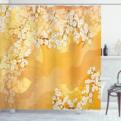 Immagine prodotto di ABAKUHAUS Tenda da doccia asiatica, fiori di ciliegio giapponese Sakura, motivo etnico a ventaglio, 175 x 240 cm, calendula crema