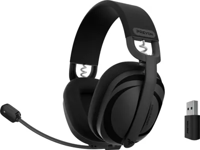 Produktbild von preyon Gaming Over-Ear Kopfhörer PTF40B, Schwarz, 178g, 50h Akku, 40mm Treiber, abnehmbares Mikrofon, Bluetooth 5.2, 2.4 GHz Wireless, ENC, 7.1 Surround Sound, USB-C, kabelgebunden, zusammenklappbar, 10m Reichweite, für PC, Konsole & Smartphone, 20Hz-20kHz