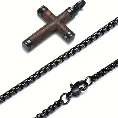 Immagine prodotto di Collana da Uomo con Croce in Acciaio e Legno - Marrone/Nero 62cm KP38747