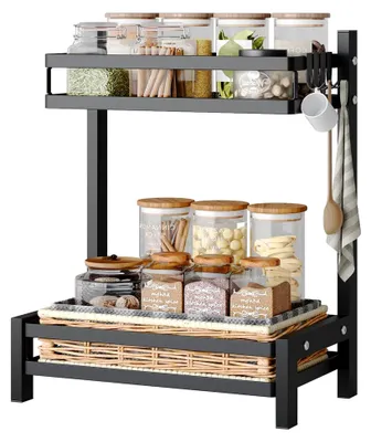 Produktbild von Multifunktional Gewüzregal Stehend, 2 Etagen Rostfrei Gewüzständer/Gewüzhalter, Küchenregal Organizer für Arbeitsplatte Aufbewahrung mit 4 Haken, Schwarz