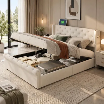 Image de INONEFT Lit hydraulique avec sommier à lattes, dimensions 160x200 cm, équipé de ports USB, lit double pour adolescents avec lampe de chevet, structure en velours beige, Image générée par une IA