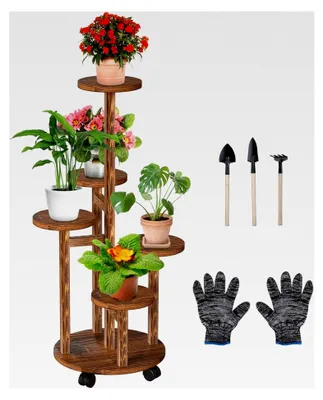 Produktbild von Blumenständer aus Holz mit Rädern, 5-stufige Pflanzentreppe für Innen und Außen