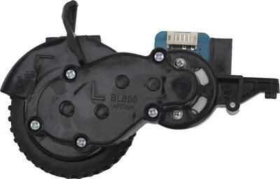 A black robotic vacuum cleaner wheel module with a connector attached, isolated on a white background.