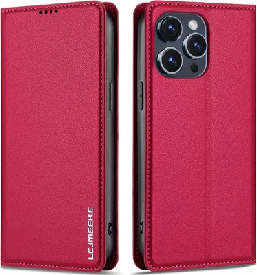 Produktbild von Handyhülle für iPhone 14 Pro, Magnetische Flip Leder Hülle mit Kartenfach und Standfunktion Rot