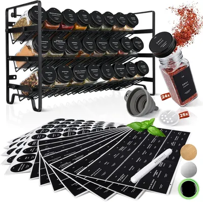 Produktbild von Gewürzregal Set Schwarz | Stehend oder Wandmontage | 24 Gewürzgläser + 336 Gewürzetiketten Deutsch & Accessoires | Modernes Design | Lebensmittelecht