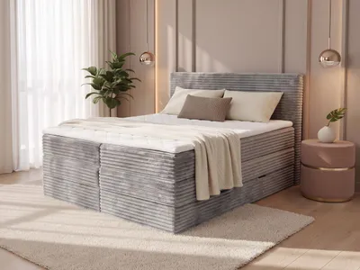 Produktbild von Boxspringbett Mollo XL mit 2 Bettkästen und Topper, mit Taschenfederkern- und Bonellfederkernmatratze, Doppelbett, Polsterbett aus Cordstoff mit Stauraum (Grau (Tilia 86), 160 x 200 cm)