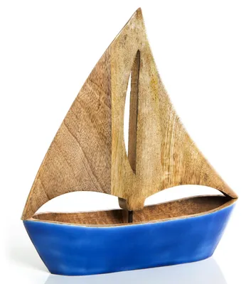 Produktbild von Segelboot Figur 28 cm aus Holz braun blau - Holzboot Holzschiff
