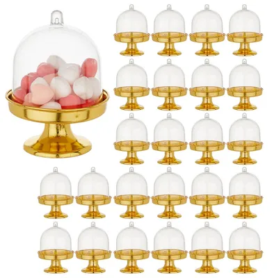 Produktbild von 24er Set Mini Cupcake Ständer mit Kuppeldeckel, Dessertbecher transparent gold, für Muffins & Süßigkeiten, Party, Hochzeit, wiederverwendbar