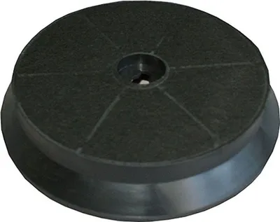 A close-up studio shot of a black carbon filter for a range hood.