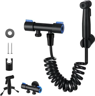 Image de Chasse d'eau grise pour WC - Eau pour bidet - WC à trois voies - Robinet d'angle - Nettoyage à l'eau de la salle de bains