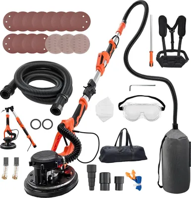 Zdjęcie produktu dla Szlifierka do suchej zabudowy/szlifierka do sufitów – szlifierka z długą szyjką – moc 1150 W – talerz szlifierski 255 mm – odsysanie pyłu – prędkość obrotowa 800–1700 obr./min – oświetlenie LED – zestaw 15 tarcz szlifierskich
