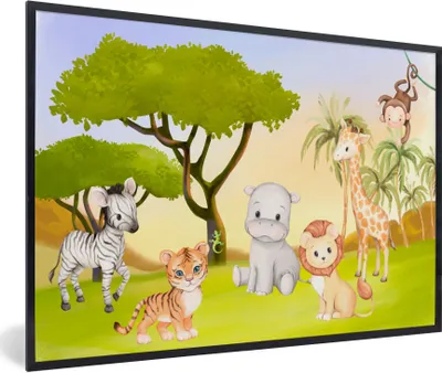 Produktbild von MuchoWow® Gerahmtes Poster Dschungel - Tiere - Kind 30x20 cm - Poster mit Schwarzem Bilderrahmen Wandposter Rahmen Foto Bilder - Kunstdruck - Bild-Poster