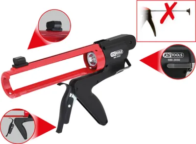 A product shot of a caulk gun with callout details.