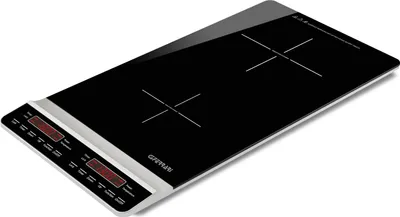 A black and silver induction cooktop with two cooking zones and a digital display.
