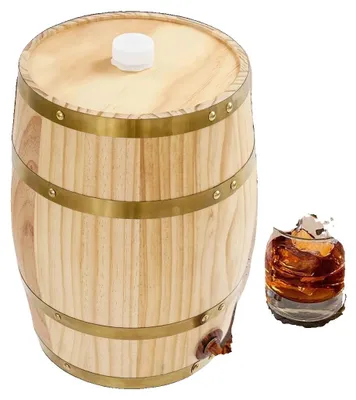 Imagen del producto de Barrica de vino, con capacidad de 10 litros, diseño vertical, montaje en mesa, fabricada en madera de haya resistente, con una capacidad de carga de 30 kg