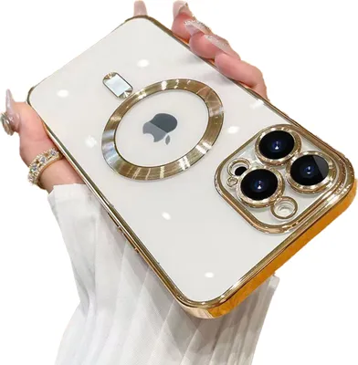 A hand holding an iPhone 13 Pro with a gold protective case.