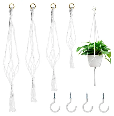 Produktbild von 4er Set Makramee Blumenampel mit 4 Metallhaken, Hängeampel für Pflanzen, Innen- und Außendekoration