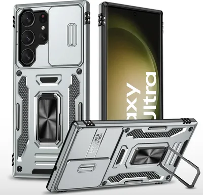Produktbild von Galaxy S23 Ultra Hülle, Schiebe Kamera Schutz und Ringhalter Ständer Dual Layer Stoßfest Schutzhülle für Samsung Galaxy S23 Ultra