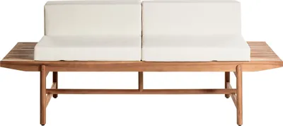 Obrázek produktu pro BELIANI Zahradní lavice světlé akáciové dřevo 210 x 84 cm s polštáři krémově bílá moderní rustikální styl exteriér terasa balkon