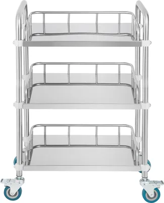 A three-tiered stainless steel utility cart with wheels.