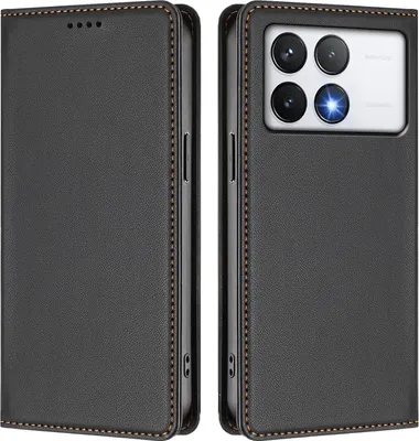 Image de Etui en cuir pour Xiaomi Poco F6 Pro, étui magnétique en cuirPolyuréthaneavec support Noir